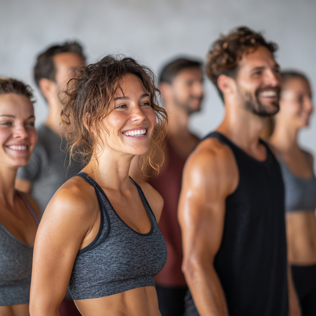 Group of mature Ukrainian adults performing strength exercises in a bright, modern gym setting