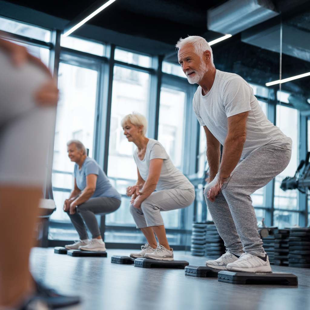 Peaceful scene of middle-aged Ukrainian adults doing gentle stretching and relaxation exercises outdoors